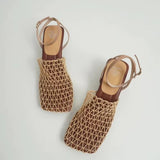Fashionkova 2025 Summer Luxury Designer Sandals Women's Lace Mesh Square Toe Shallow Narrow Strap Braided Slip-on High Heels Sandals Spring Style 2025