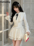 Fashionkova Valentine's Day Aesthetic French Vintage Princess Lace Mini Dresses for Women Bow Flare Sleeves Ruffles A-line Birthday Party Kawaii Mini Vestidos New