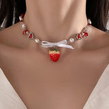 Fashionkova Korean Cute Red Strawberry Pendant Collar Necklace Gothic Y2K Heart Shaped Imitation Pearl Chain Choker Trend Jewelry