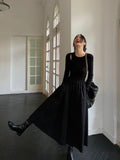 Fashionkova party look inspos Vintage Hollow Out Black Dress Women Autumn Elegant Hepburn Style O Neck Midi Dress Y2K Harajuku Korean Splicing A Line Dress