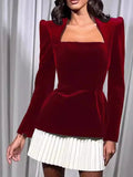 Fashionkova party look inspos Elegant Velvet Mini Dress Long Sleeve Square Collar Patchwork High Waist A-line Vestidos Female Birthday Party Evening Dresses