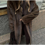 Fashionkova party look inspos Dark Brown Faux Fur Long Overcoat For Women Fashion Lapel Single Breasted Loose Fluffy Plush Warm Coat Winter Thicken Outerwear
