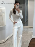 Fashionkova Street Bead White Jean Women Chic Baggy Wide Leg Straight Pocket Zipper Denim Long Pants 2025 Spring Casual Commute Lady Trouser