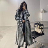 Fashionkova party look inspos Fashion Houndstooth Faux Wool Jacket Women Autumn Korean Elegant Single Breasted Long Overcoat Winter Thick Warm Blend Outwear