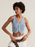 Fashionkova Fashion Cropped Jeans Waistcoats Women's Sleeveless V Neck Button down Denim Vests for Streetwear Basics Tank Tops Fairycore