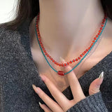 Fashionkova Retro Red Blue Contrast Colorful Natural Stone Cubes Beaded Necklace Set Women Beads Strand Chokers Aesthetic Jewelry Wholesale