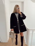 Fashionkova party look inspos Vintage Patchwork Loose Coat For Women Fashion V Neck Long Sleeve Female Outwear 2023 Autumn Winter  Elegant Pocket Lady Coats