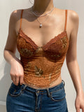 Fashionkova Floral Print Vintage Aesthetic Mesh Camisole Women Brown Cute Y2K Crop Top