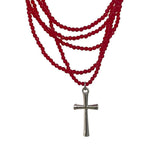 Fashionkova Gothic Punk Cross Pendant Red Multi Layered Beaded Necklace For Women Men Y2K Jewelry Hip Hop Grunge Charms Street Accessories