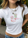 Fashionkova Summer White Women T-Shirt Cropped Tee Western Boot Print Western Elements Navel-Baring ootd