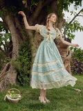 Fashionkova French Fashion Prairie Chic Sweet Lace Patchwork Midi Dress Women's Clothes Summer V-neck Slim Fit Fairy Style Elegant Dresses ootd