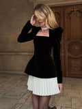 Fashionkova party look inspos Elegant Velvet Mini Dress Long Sleeve Square Collar Patchwork High Waist A-line Vestidos Female Birthday Party Evening Dresses