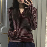 Fashionkova  Party Outfit  V-neck Hooded Long Sleeved T-shirt for Women Y2k Vintage Deep Red Striped Tops Mujer 2024 Autumn New Slim Fit Tee Shirt