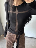 Fashionkova Yedinas Gothic Hollow Out Sexy Women T Shirt Long Sleeve Slim Y2k Grunge Aesthetic Tshirts Spring Ladies Tops Tee Shirt Femme