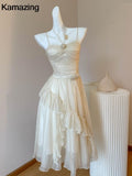 Fashionkova Valentine's Day Aesthetic Elegant Ruffles Fairy Midi Dresses Summer Chic Solid Folds Birthday Evening Party Vestidos Korean Sweet Spaghetti Straps Dress