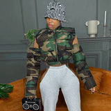 Fashionkova Street Women Camouflage Zipper Puffer Jacket Hollow Out Sleeve Camo Bubble Coats Stand Collar Collect Waist Parkas Down Jacket Valentine's Day Aesthetic