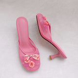 Fashionkova Summer mesh flower beads women slides sexy thin heel sandals ootd outfit idea