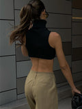 Fashionkova Y2k Black Knitting Turtleneck Crop Top Women Sexy Irregularity Skinny Elasticity Tank Top Fashion Club Top Streetwear Spring Style 2025
