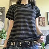 Fashionkova Women Y2K Striped Short Sleeve T-Shirt V Neck Oversized Tee Color Block Loose Fit Tee Shirts Casual Baggy Tops Fairycore Outfit Idea