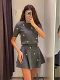 Fashionkova Jeweled Knitted Sweater Top Mini Skirt Set Studded Flower Gray Crew Neck Women Short Sleeve Knitwear Half Skirts Fall Winter New ootd outfit idea