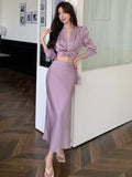 Fashionkova  party look inspos Autumn Korean Solid 2 Pieces Set Women Elegant V-Neck Long Sleeve Pleated Shirt Tops and High Waist A-Line Mermaid Skirt Suits