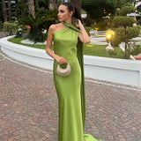 Fashionkova party look inspos Elegant Women Solid Satin Halter Maxi Dress With Scarf 2024 New Sexy Backless Sleeveless Long Dresses Lady Evening Party Vestido