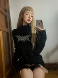 Fashionkova  Party Outfit  Gothic Y2k Sweaters Women Black Punk Harajuku Grunge Graphic Knitted Pullover Ripped Long Sleeve Pullovers Streetwear