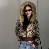 Fashionkova  Party Outfit  Korean Retro Fur Collar Leopard Print Hooded Y2k Harajuku Gothic Hip Hop Striped Zipper Hooded Women Streetwear Cardigan