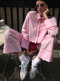 Fashionkova party look inspos Fashion Pink Patchwork Long Pant Set for Women Casual Lapel Long Sleeve Shirt Wide Leg Trousers Sets 2024 Spring New 2 Pcs Set