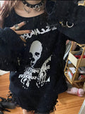 Fashionkova party look inspos Punk Graphic Tees Women One Shoulder Irregular Skull Print Long Sleeve T-Shirt Women Black Bondage Fairy Grunge Cotton Harajuku