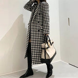 Fashionkova party look inspos Fashion Houndstooth Faux Wool Jacket Women Autumn Korean Elegant Single Breasted Long Overcoat Winter Thick Warm Blend Outwear