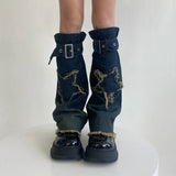 Fashionkova  Nye Outfit Y2K Star Strap Denim Leg Warmers Punk Cross Harajuku Leg Covers Gothic Leg Socks Y2K Personalized Calf Socks Leg Boot Cuffs Sock