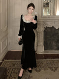 Fashionkova  party look inspos Vintage Solid Slim Long Dresses Autumn Square Collar Package Hip Birthday Party Dress Evening Mermaid Prom Robe Vestidos Largos