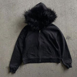 FashionKova-vintage outfits Gothic Harajuku Y2K Womens Men Autumn Winter Fur Collar Hooded Cardigan Casual Solid Color Short Wide Sweater Vintage Streetwear
