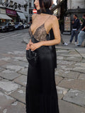 Fashionkova Satin Backless V-Neck Lace-Up Mesh Patchwork Midi Dress 2023 Summer For Women Sexy  Evening Party Elegant Clubwear