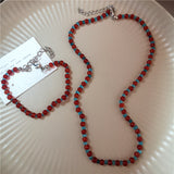 Fashionkova Vintage Charm Red Blue Color Resin Crystal Beaded Choker Necklace Set For Women Aesthetic Delicate Friend Jewelry Dropship
