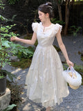 Fashionkova Women's Sweet Flying Sleeve Midi Dress Summer Embroidery Female Vintage O-Neck Clothes Elegant Lady Chic A-line One Pieces Robe Outfit Ideas