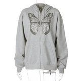 Fashionkova Oversized Butterfly Graphic Rhinestone Zip Up Hoodies