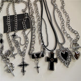 Fashionkova Punk Rock Black Heart Cross Pendant Chain Necklace For Men Women Cool Hip Hop Street Vintage 90s Y2K Grunge Goth Accessories