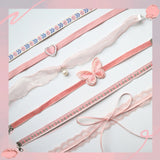 Fashionkova Korean Gothic Aesthetic Vintage Cute Pearl Bowknot Heart Pink Lace Choker Necklace For Women Y2K Party Jewelry Accessories Gift
