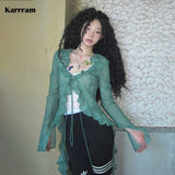 Fashionkova Japanese Y2k Lace Shirt Vintage 2000s Style Ruffles Blouses Grunge Aesthetics Irregular Green Shirts American Retro 90s Spring Style 2025
