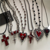 Fashionkova Gothic Red Cross Star Heart Pendent Necklace For Women Men Hip Hop Street Vintage Y2K Grunge Punk Y2K Aesthetic Jewelry Gifts