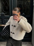 Fashionkova party look inspos Stylish Metal Button Warm Lamb Wool Jacket Women Spring Fall O Neck Short Coat With Pockets Women Casual High Street Outerwears