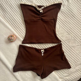 FashionKova-Fashion Y2K Fairy Brown Lace Lace Trim tube Tops + Shorts Retro Chic women's 2 piece Set Boob Bag Halter Tops Camis Hot Girl emo