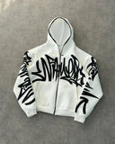 Fashionkova High Street Harajuku Retro Letter Graffiti Print Zipper Hoodie Men Y2k Gothic Hip Hop Punk Casual Oversized Sweatshirt Women