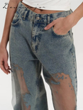 Fashionkova Street See Through Jeans Women Casual Patchwork Low Waist Zipper Pocket Denim Pants Female 2025 Summer Fashion New Lady Trousers