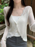 Fashionkova Lace Trim One Button Long Sleeve Crop Top Women Short Sleeve Open Front Ribbed Knit Cardigan Sweater Summer Fairycore Outfit Spring Style 2025