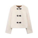 Fashionkova party look inspos Stylish Metal Button Warm Lamb Wool Jacket Women Spring Fall O Neck Short Coat With Pockets Women Casual High Street Outerwears