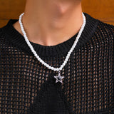 Fashionkova Simple Handmade Imitation Pearl Beaded Short Necklace Men's Fashion Rhinestone Star Pendant Choker Punk Party Jewelry