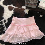 FashionKova-New fashion Y2K retro Summer Pink Mini sexy 2000s Dress Ladies High waisted irregular layered girly style lace skirt Hot Girl
